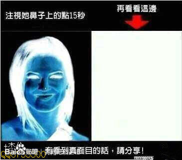 盯着她的鼻子看15秒，再眨眼睛看镜子，就能看到她的样子