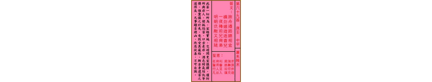 关帝灵签 第六十九签 庚壬 中平
